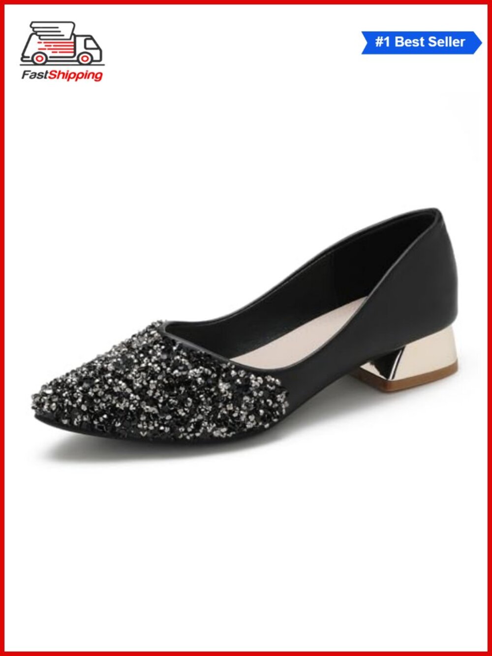 ✨ Pointed Toe Rhinestone Chunky Heel Pumps for Women